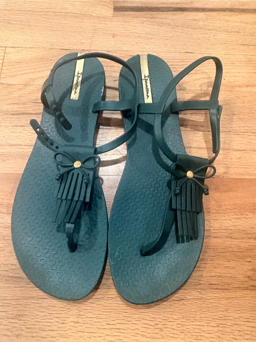 Ipanema Teal Fringe Bow T-Strap Sandals